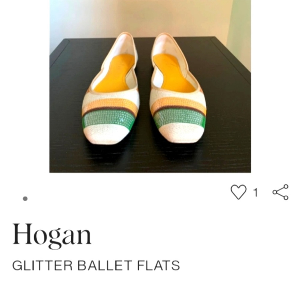 Hogan Glitter Ballet Flats Sequins Tan Gold Green Size 8.5